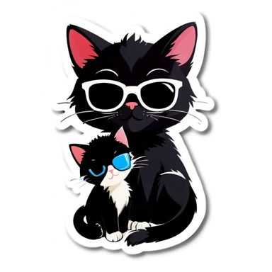 Black Cat with sunglasses hugging a kitten sticker