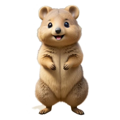 cinematic-quokka-realistic-full-body-standing on its hind legs hunched over-emoji,-small-round-frame-balanced-on-tiny-strong-hind-legs,giant fluffy cheeks large smile-fluffy-brown-fur-radiating-a-warm-softness,-big-round-eyes-filled-with-joy-and-innocence,-tiny-clawed-paws-held-close-to-chest,-cheerful-smile-exuding-endearing-happiness,-simplified-yet-realistic-focused-features,-highly-detailed,-glowing-with-a-sunny-warmth sticker