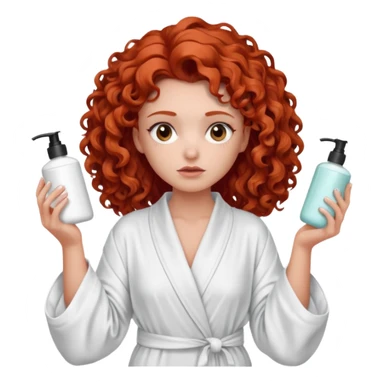 Cartoon emoji of a girl with voluminous curly red hair, fair skin, brown eyes. Wearing a chic milky silk robe with long sleeves, no makeup. Portrait mode, holding 2 moisterizers or different skin care products, looking super doubtful twisted and unsure. she is miserab;e sticker