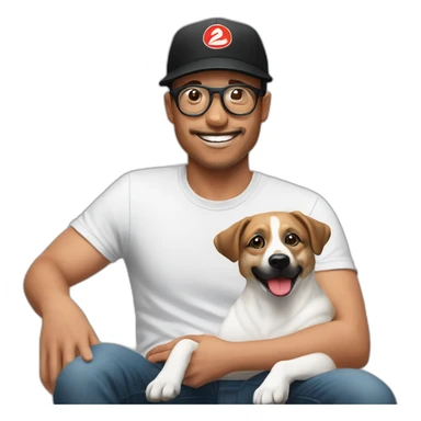 shibba dog resting on a man's lap. white man is wearing a black baseball cap with a red circular logo on it, has 5 o'clock shadow, and wearing clear acetate glasses sticker
