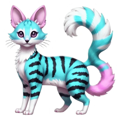 Fantasy onyx-obsidian-pitch-Black-coated with glowing random cyan and magenta markings divine beautiful elegant pretty precious cute young youthful  Fakémon-Pokémon-alien-opossum-feline-serval-caracal-chinchilla-Minccino-hybrid-creature with a big fluffy bushy striped tail (full body) sticker