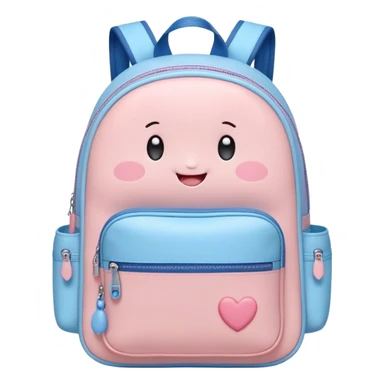 Cute Kawaii Backpack, round and chubby, soft pastel pink and blue, tiny heart-shaped zippers, blushing cheeks, a tiny smiling face, a happy school-time companion! sticker
