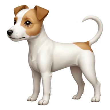 a full body white parson russell looking dog the size of a kelpie with light brown ears and a light brown patch on one eye and a large snout sticker
