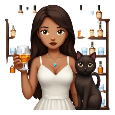 Beautiful woman in 1950’s woman fashion look, white dress, long dark brown hair, whisky with ice, black cat sticker