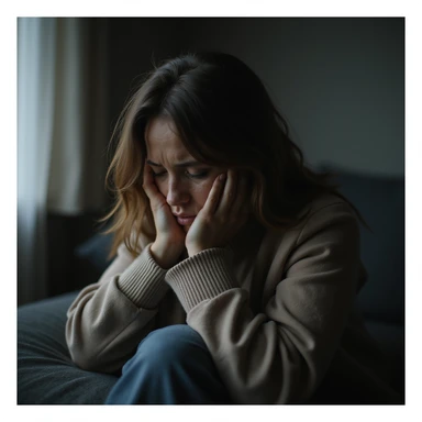 realistic image of a woman sitting with a lost gaze, severe damage to well-being, signs of stress and fatigue, sad atmosphere, realistic details sticker