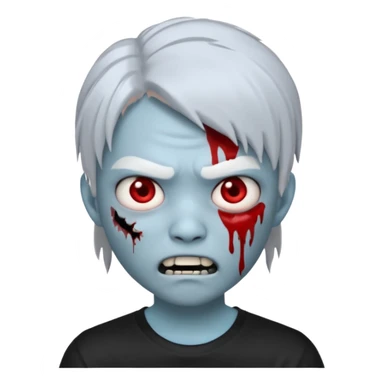Create a 3D emoji-style avatar with very pale blue-grey zombie skin like the reference image, a young Asian face, and large eyes with blood tears. Give it white mullet-style hair, silver hoop earrings, and a plain black T-shirt. The face expression should be slightly angry, wwhite vampire teeth sticker