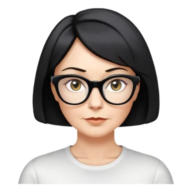 white woman about 50 years old with light warm skin, short black bob haircut to neck with slight waves at ends, neutral determined expression, large black shiny butterfly or cat-eye glasses, white casual t-shirt, calm and creative energy sticker
