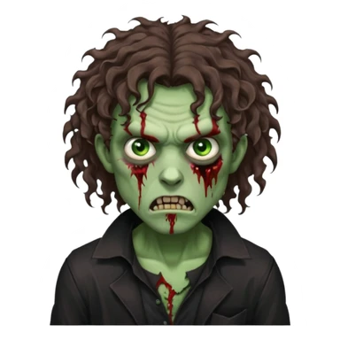 long curly haired male zombie with brown hair color and green eye color, with dark vampire clothes and angry face emotion sticker