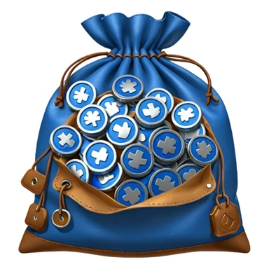 blue coins inside brown money bag sticker