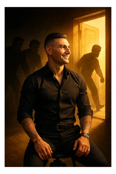 a man stands confidently in a sunlit room, facing away from a group of dark, shadowy figures with harsh or angry expressions who are walking out the door. The man’s posture is upright and relaxed, his face calm and relieved. Warm light fills the space, symbolizing his newfound peace and positivity. sticker