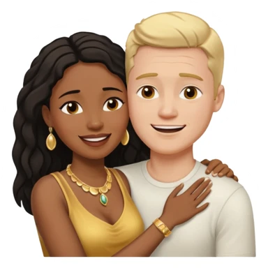 interracial couple. Black smiling woman with nice jewelry. White man crying with his arm around her shoulder. sticker