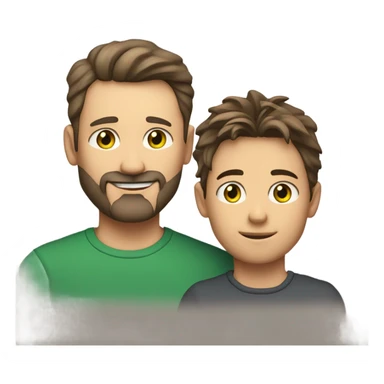 Handsome Father 40s green eyes with short full beard with Son 13s light brown eyes tousled bedhead look both has brunette hair light skin arms on shoulder portrait sticker