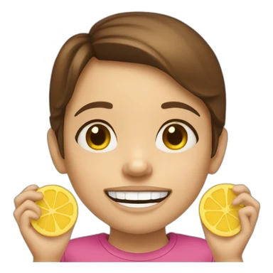 a girl with brown hair with two yellow crisps instead of her 2 front tooth sticker