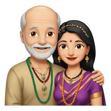 I want an old man with balding and grey beard and a woman in her 40s with dark black hair parted in indian woman style wearing a beads chain  with the cleavage of the woman visible in a passionate embrace. The man should have no jewellery, both must be blissfully smiling sticker