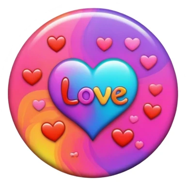 A round psychedelic colored button that says love sticker