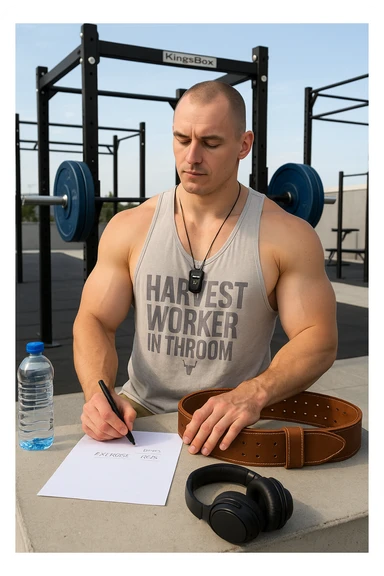 un uomo prepara con cura il suo set di pesi e la cintura per streetlifting, controllando una lista di esercizi e ripetizioni scritta su un foglio. Accanto a lui, una borraccia e delle cuffie. L’espressione è serena e sicura, a sottolineare l’importanza della programmazione per un allenamento efficace. Lo sfondo è un’area fitness urbana, pulita e ben attrezzata. sticker