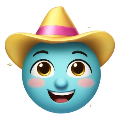 Happy face emoji: A round face, big warm smile, sparkling moon eyes. Eyebrows arched to express good humor, little gold stars near the eyes for a magical touch. Colored party hat slightly askew, rosy cheeks for a cute effect. STAR NEAR THE EYE sticker