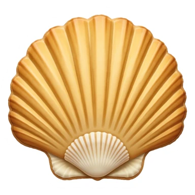 A madeleine pastry. Scalloped seashell shape with ONLY four to five vertical lines going in the same direction. Light golden brown. Scalloped edge. Cookie. Flat. Long. Oval shape. Lets scallops. sticker