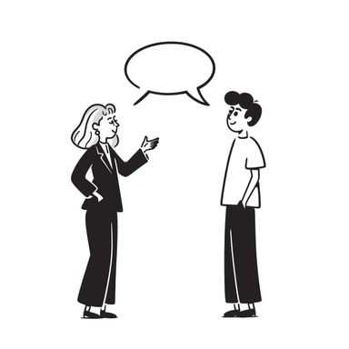 A blonde woman in a black suit talking to a brown-haired man in a white t-shirt. The woman has a speech bubble above her head. The woman is talking and the man is smiling. sticker