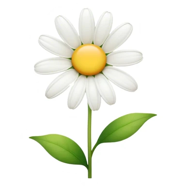 Cinematic Realistic Daisy Emoji, Cheerful and pure, with bright white petals surrounding a sunny yellow center, standing proudly atop a slender green stem. The soft, vibrant petals seem to radiate positivity, while a few green leaves frame the delicate flower. Soft glowing outline, capturing the essence of simplicity, innocence, and happiness in a single daisy. sticker