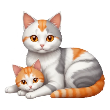 full body of a grey and white cat cuddling a very small + skinny ginger and white kitten with deep orange eyes and triangular shaped face lying down sticker