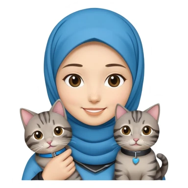 Asian White girl wearing hijab holding a black grey tabby cat while smiling.  The cat is wearing a blue collar sticker