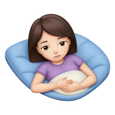  a brunette girl lying down on her side, holding a warm heating pad against her lower belly. She's uncomfortable and sad, her posture should show she’s having bellyache. Use simple lines, rounded shapes, soft colors, and a clean emoji aesthetic. Make it expressive but still adorable sticker