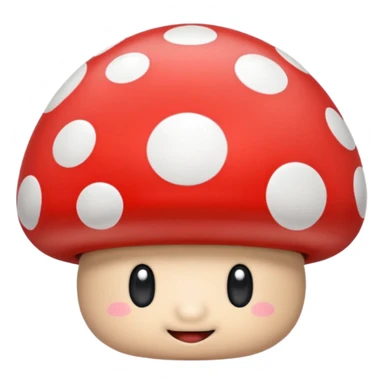 Mario Mushroom with glossy red cap and white spots, rounded shape, simple and cute, no text sticker
