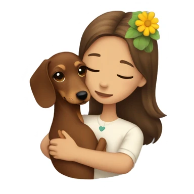 Dachshund hugging a girl with brown hair and a flower in her hair sticker