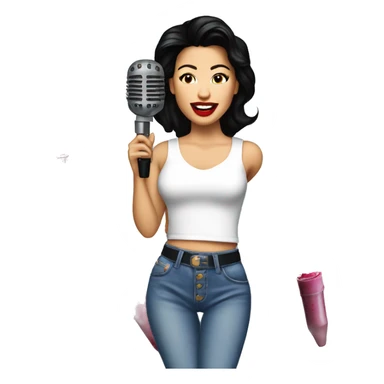 Selena Quintanilla singing into a lipstick-stained microphone dressed in a white top and 90s-style jeans sticker