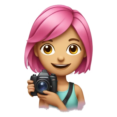 smiling girl with multicolored pink hair holding a camera sticker
