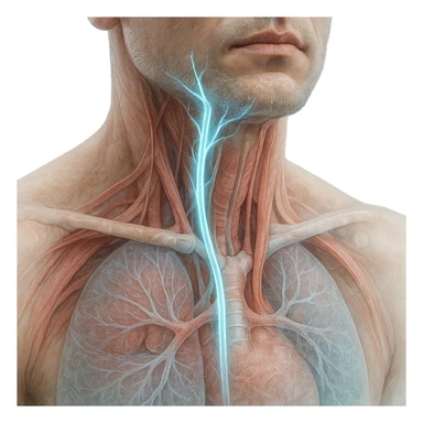 realistic close-up view of human neck and chest with highlighted vagus nerve, detailed anatomy, vagus nerve path clearly visible, ice effect with blue glow, transparency on internal organs, light background sticker