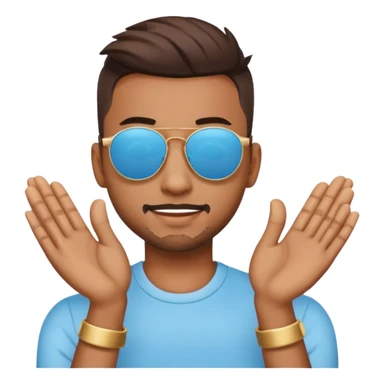 A emoji doing hands like hardik Pandya after winning t20 world cup in sky blue colour round emoji Cat wearing sunglasses sticker