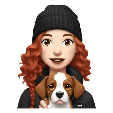 Long Red haired woman in beanie with septum piercing holding black and white English Staffordshire puppy sticker