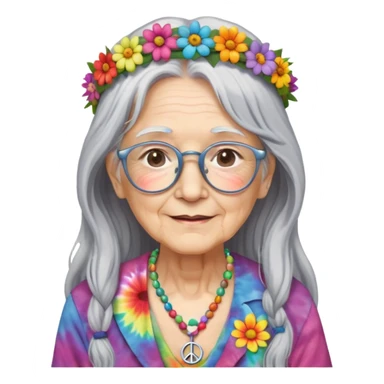 elderly woman with long grey hair, glasses, peace sign necklace, tie-dye clothing, flower crown sticker