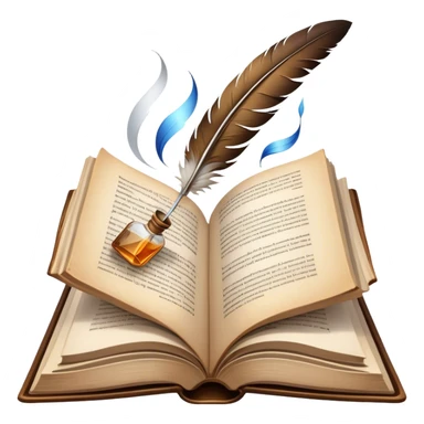 Icon for Reading Fiction: an open book with pages fluttering, surrounded by a quill, an ink bottle, and a cozy reading nook. The icon should represent the immersive world of literature and storytelling. Transparent background. sticker
