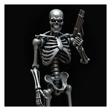 metallic skeleton holding futuristic weapon, dark background, realistic style, Terminator sticker