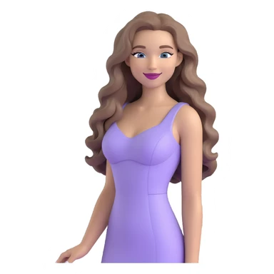 emoji of a fashionable woman with a sweet smile, long light ash brown wavy hair, blue eyes, nude lipstick, in a form-fitting lilac dress, chic energy sticker