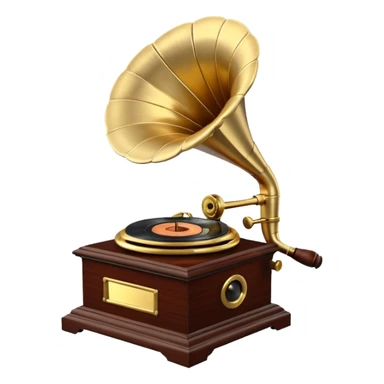 3D render of Gramophone, vintage 1980s audio equipment aesthetic, tactile analog buttons, polished brass gold horn with a dark mahogany wood base, mixed wood grain and brushed aluminum textures, Apple emoji style, isolated on white background --v 6.0 sticker