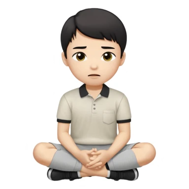A cartoon young Asian boy with short black hair, light beige skin, and large expressive eyes, wearing a white polo shirt, gray pants, and black shoes. He sits cross-legged on the ground, one fist resting on his cheek, with a closed-mouth smirk. Clean lines, flat colors, solid black background. sticker