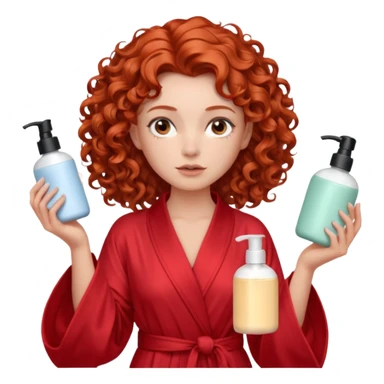 Cartoon emoji of a girl with voluminous curly red hair, fair skin, warm brown eyes. Wearing a chic milky silk robe with long sleeves, no makeup. Portrait mode, holding 3 moisterizers or different skin care products, looking super doubtful twisted and unsure. Smooth, simple, stylized." sticker