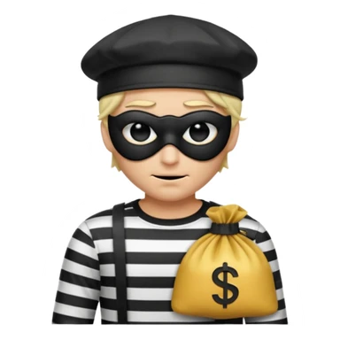 a short ios emoji-style portrait of a classic burglar, a black eye mask and a black-and-white striped shirt. emoji-like hair, black hat, ONE bag of money 💰 with a dollar sign in a right corner, evil expression WITHOUT a hand  sticker