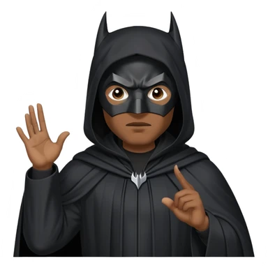 Batman mask Black man wearing a long black robe with a tall pointed hood, face fully covered except for two small eye holes, standing confidently with hands gesturing in conversation. sticker