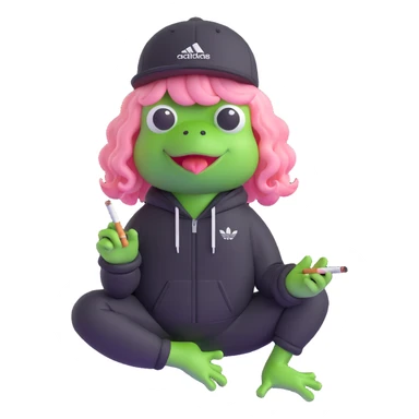 3D emoji style frog wearing a black Adidas-style track suit without logo, pink long curly hair wig, smoking a cigarette sticker