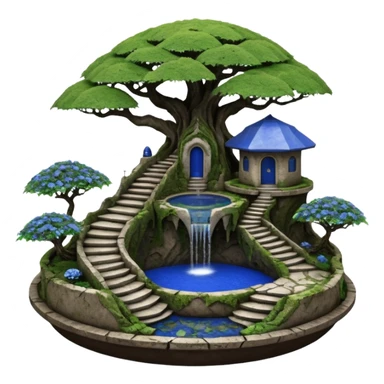 Alien saucer house jungle-vines stairway fountain mountain-island landscape antique mudman very old broken cracked intricate Stone Age lapis-crusted irregular dodecagon-shaped shallow dark moss rough bark blue serissa flowered maple tree bonsai pot sticker