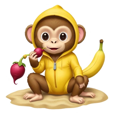 A monkey wearing a banana onesie at the beach eating beetroot sticker