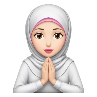 white hijab women are listening with her hands folded on the table. her lips is pink. sticker