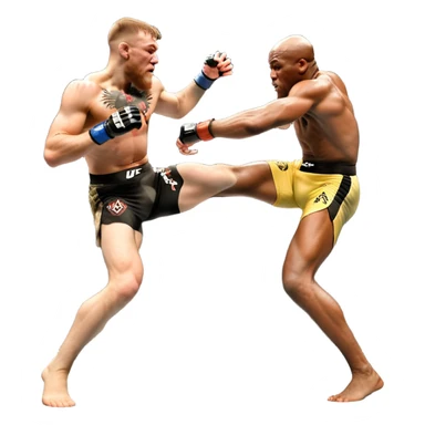 An MMA showdown between Conor McGregor and Anderson Silva in the octagon. McGregor is executing a powerful jumping strike, while Silva is expertly blocking the attack with his forearm. The background features the UFC octagon, fans in the distance, and dynamic action. Transparent background sticker