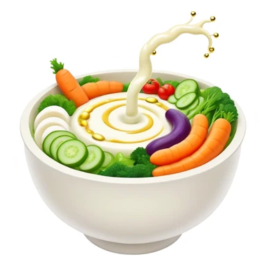 Bowl of glowing white yogurt and colorful fermented vegetables floating around a luminous spiral intestine. Golden bubbles and green particles flow from the intestine, representing beneficial bacteria creating harmony and strengthening immune defenses. sticker