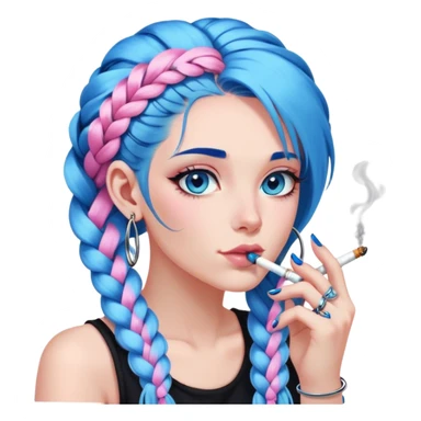 Long blue hair with a braid, blue eyes, wearing black, wearing big silver hoop earrings, smoking a cigarette, long acrylic nails painted pink and blue sticker